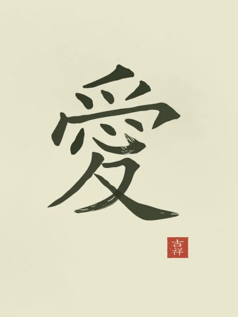 Amour à l'encre, thé vert, tableau signe chinois amour