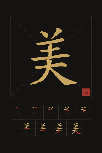 Beauté et son ordre des traits, encre d’or, tableau caractère chinois beauté