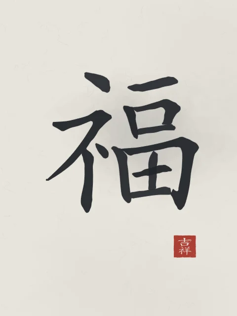 Bonheur à l'encre, riz gris, tableau caractère chinois bonheur
