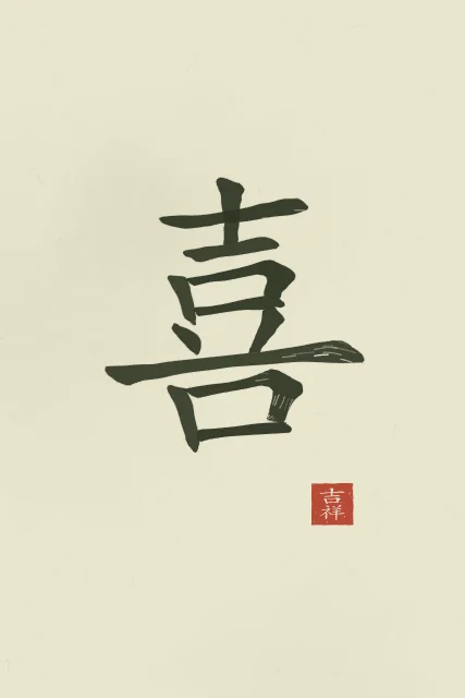 Joie (bonheur) à l'encre, thé vert, tableau caractère chinois bonheur joie