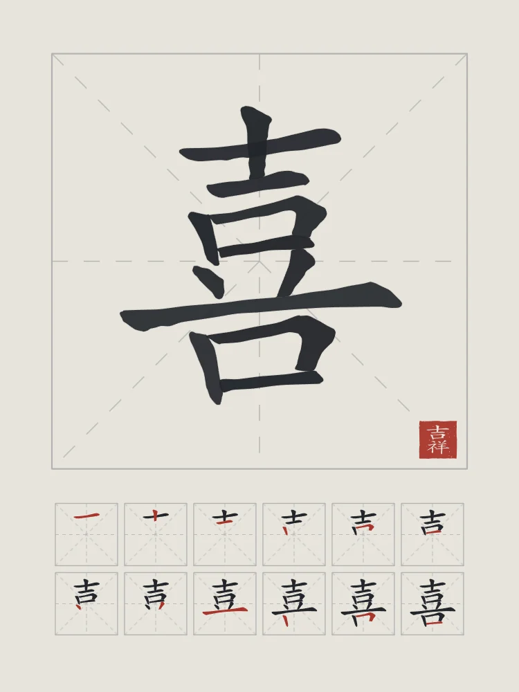 Joie (bonheur) et son ordre des traits, riz gris : 喜 (xǐ), Joie, bonheur