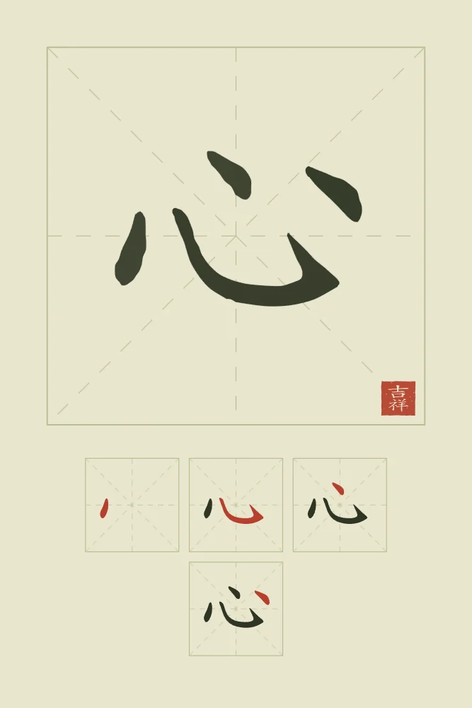 Cœur et son ordre des traits, thé vert : 心 (xīn), Cœur, esprit