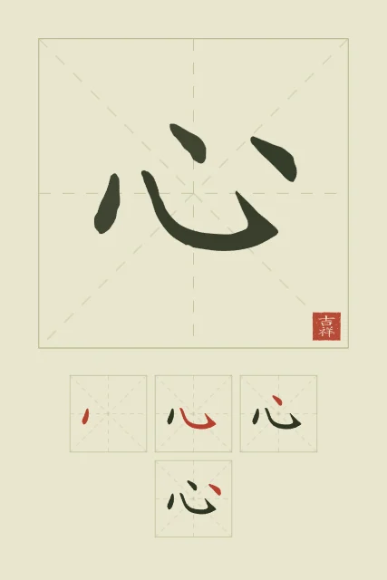 Cœur et son ordre des traits, thé vert, tableau caractère chinois cœur
