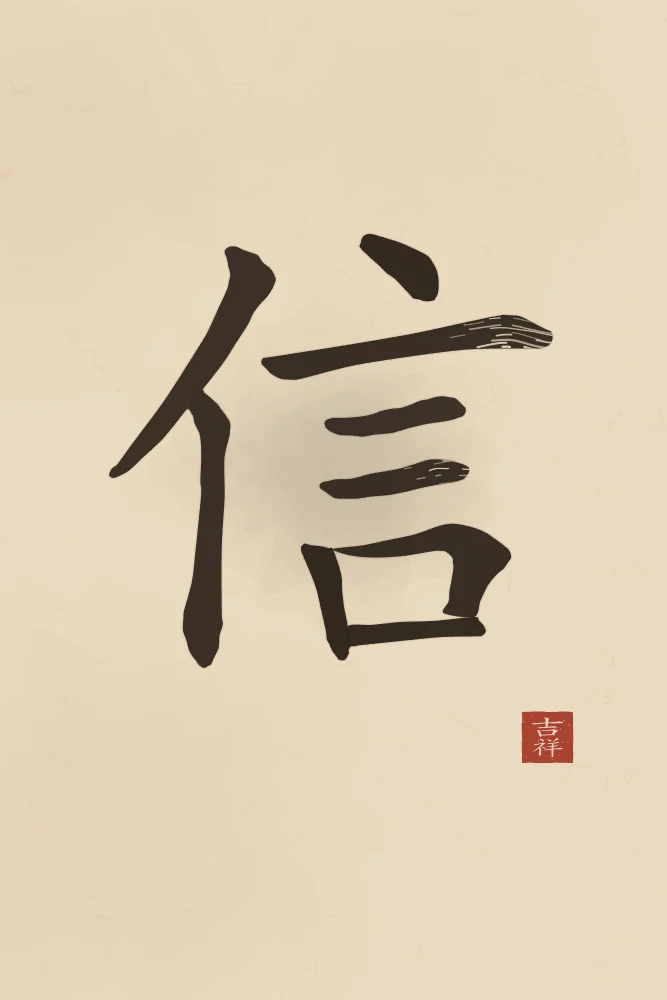 Confiance à l'encre, sable ocre : 信 (xìn), Confiance, sincérité