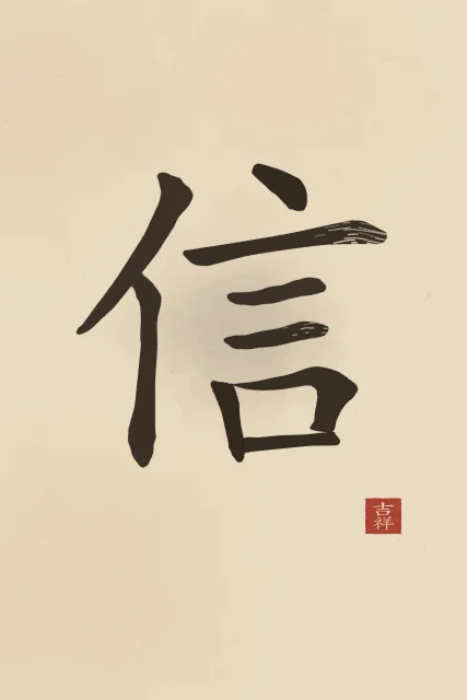 Confiance à l'encre, sable ocre, tableau caractère chinois confiance