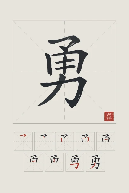 Courage et son ordre des traits, riz gris, tableau caractère chinois courage