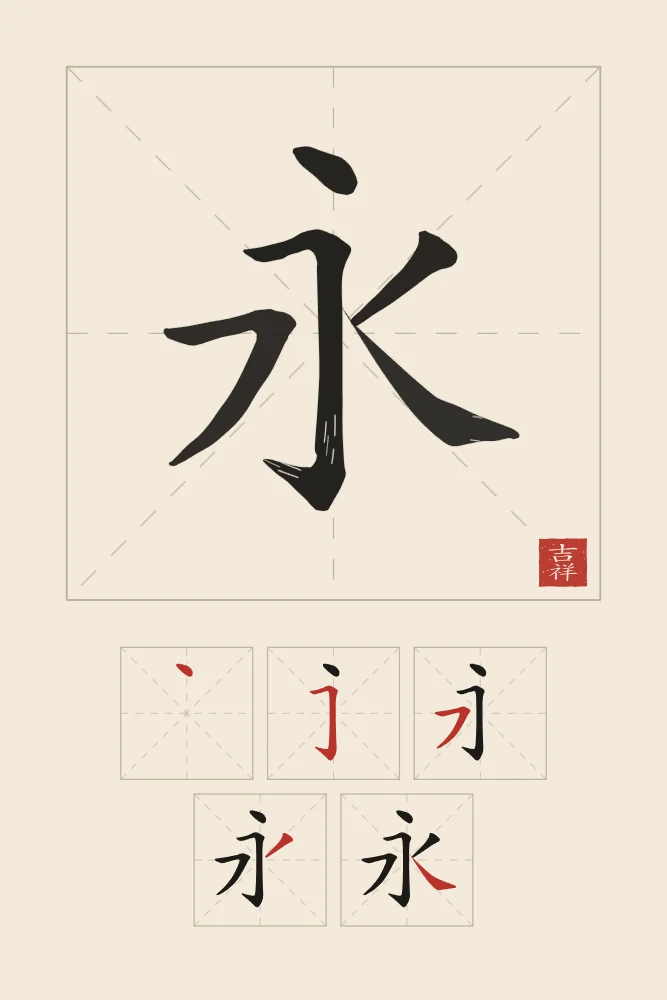 Éternité et son ordre des traits, papier xuan : 永 (yǒng), Éternité, pour toujours