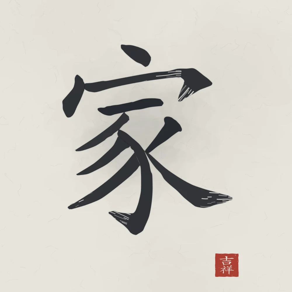 Famille à l'encre, riz gris : 家 (jiā), Maison, famille