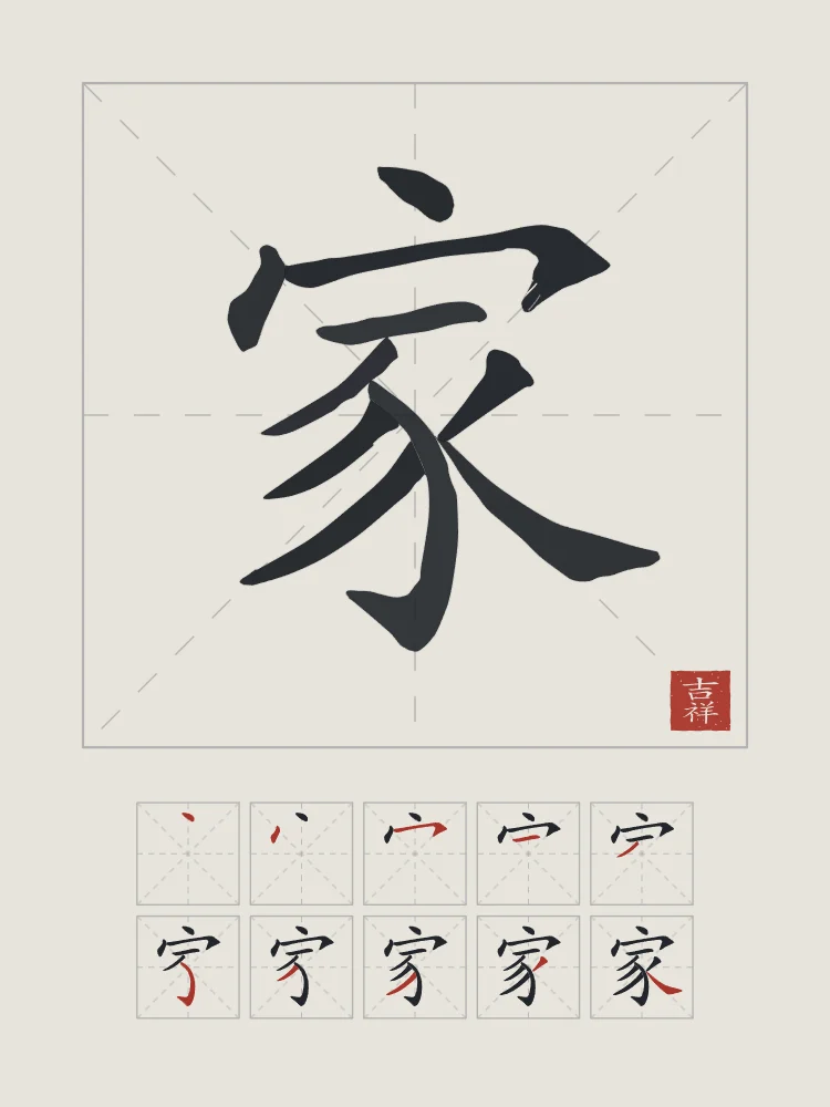Famille et son ordre des traits, riz gris : 家 (jiā), Maison, famille