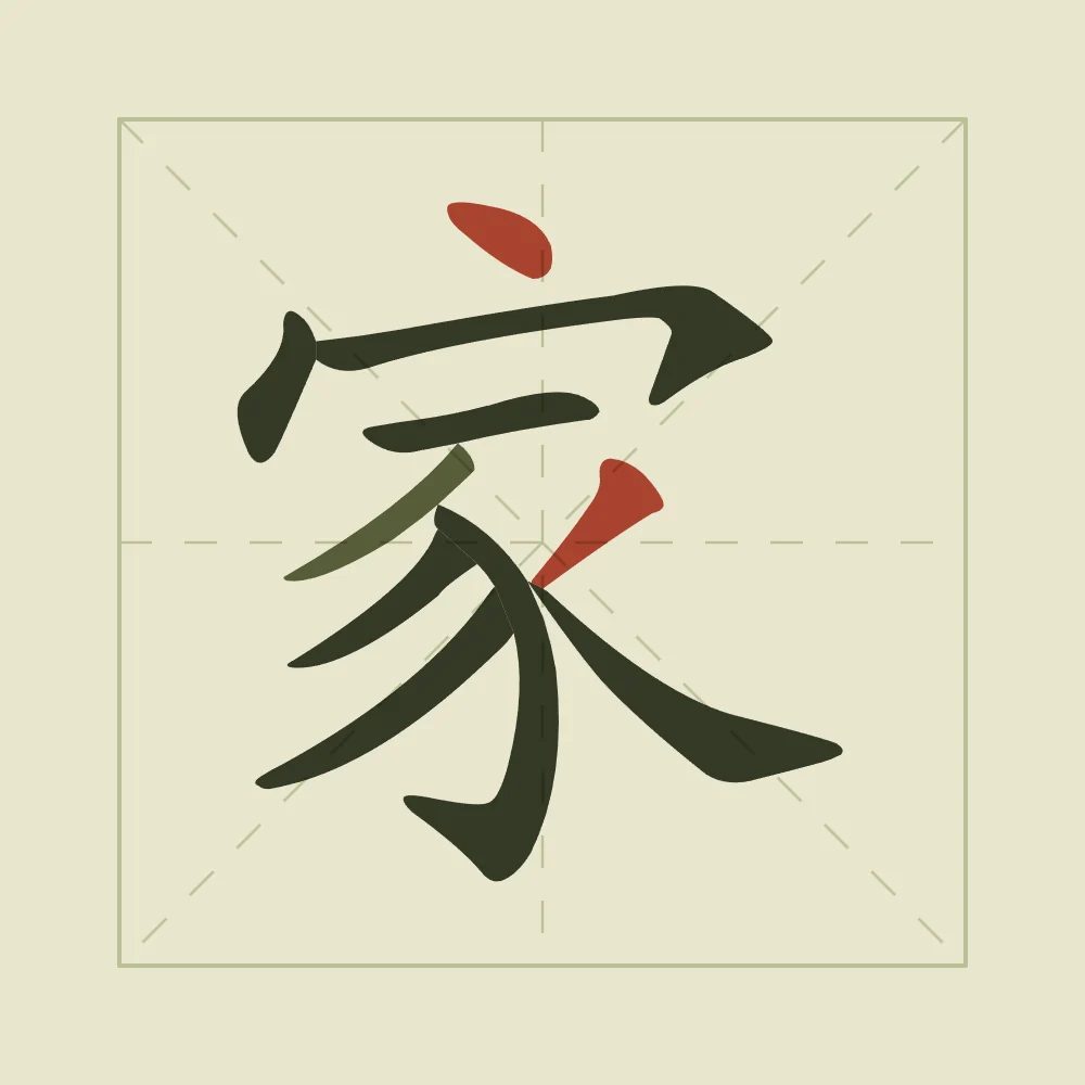 Famille en aplats, thé vert : 家 (jiā), Maison, famille