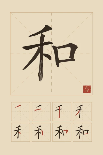 Harmonie et son ordre des traits, sable ocre, tableau caractère chinois harmonie