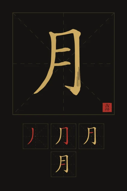 Lune et son ordre des traits, encre d’or, tableau caractère chinois lune