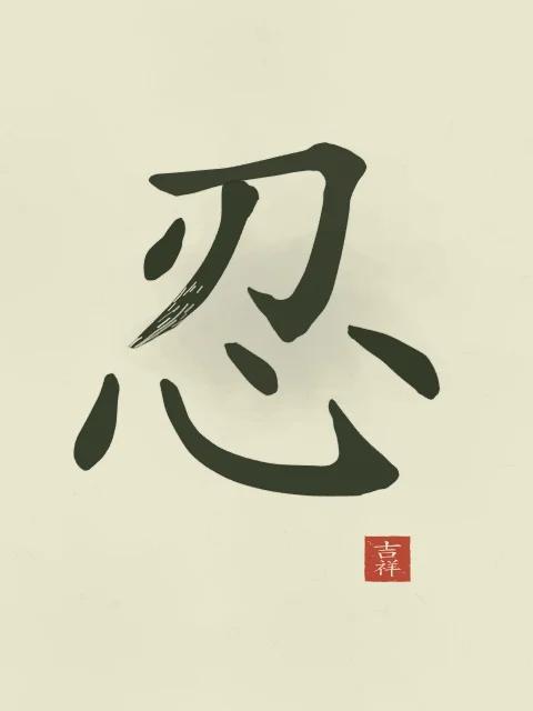 Patience à l'encre, thé vert, tableau caractère chinois patience