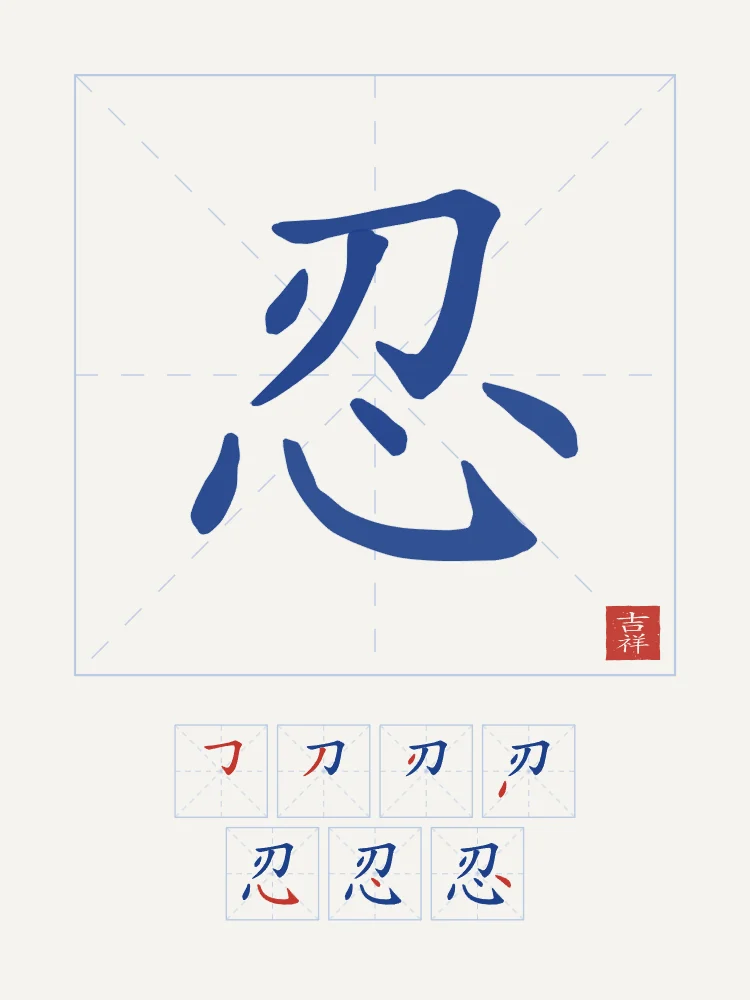 Patience et son ordre des traits, porcelaine bleue : 忍 (rěn), Patience, endurance