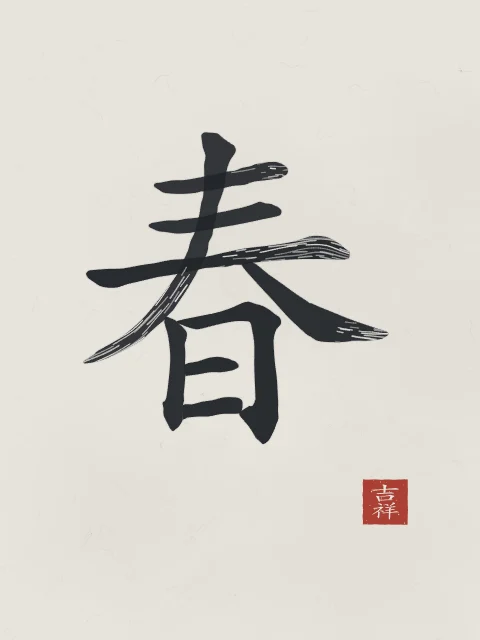 Printemps à l'encre, riz gris, tableau caractère chinois printemps