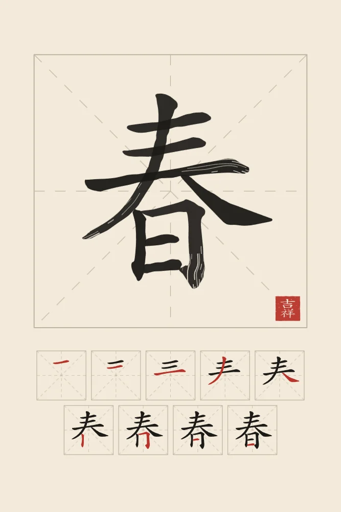 Printemps et son ordre des traits, papier xuan : 春 (chūn), Printemps