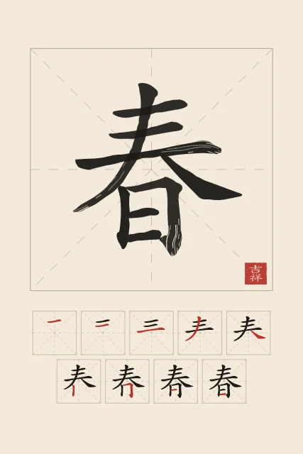 Printemps et son ordre des traits, papier xuan, tableau caractère chinois printemps