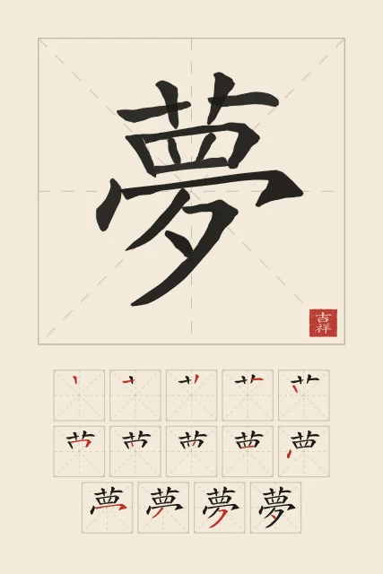Rêve et son ordre des traits, papier xuan, tableau caractère chinois rêve
