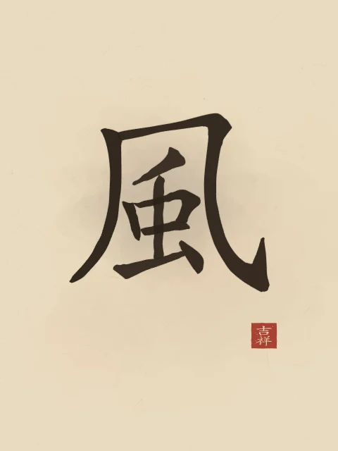 Vent à l'encre, sable ocre, tableau caractère chinois vent
