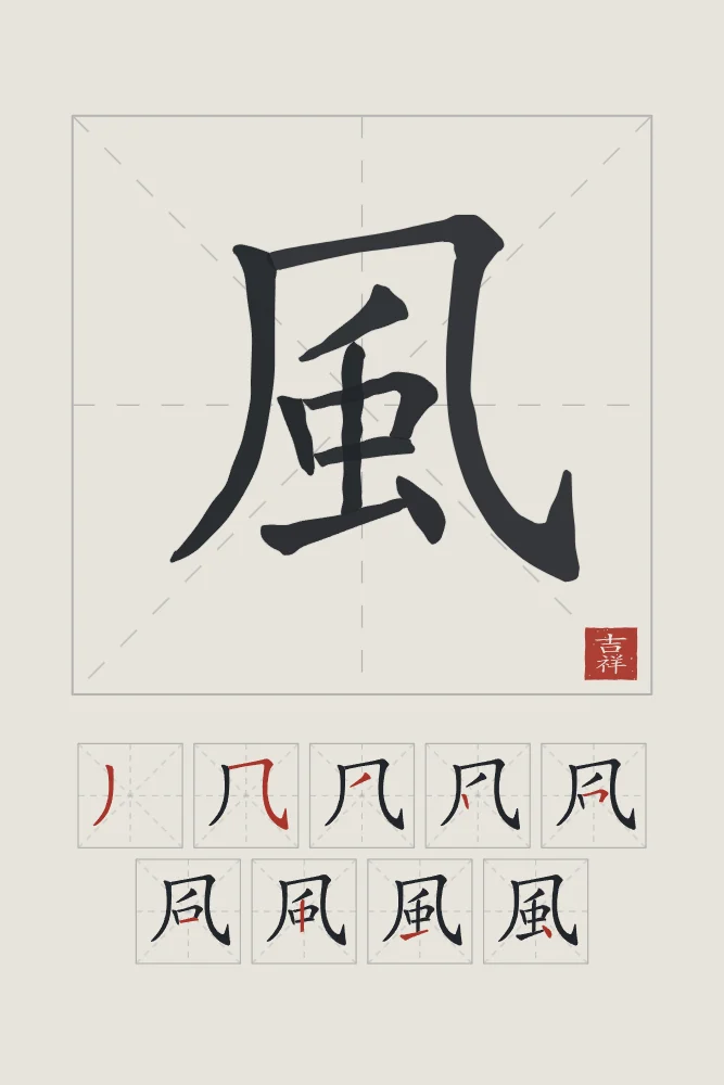 Vent et son ordre des traits, riz gris : 風 (fēng), Vent