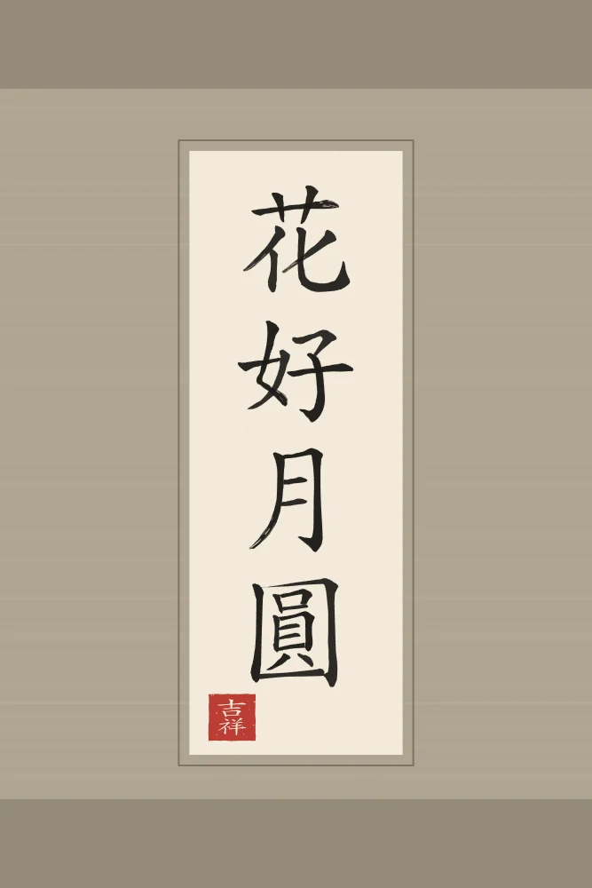 Belles fleurs, pleine lune en rouleau, papier xuan : 花好月圓 (huā hǎo yuè yuán), Belles fleurs et pleine lune : le bonheur parfait