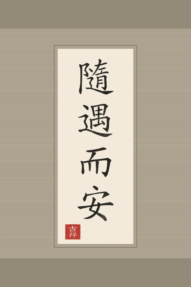 Être bien partout en rouleau, papier xuan : 隨遇而安 (suí yù ér ān), Être bien là où la vie nous mène