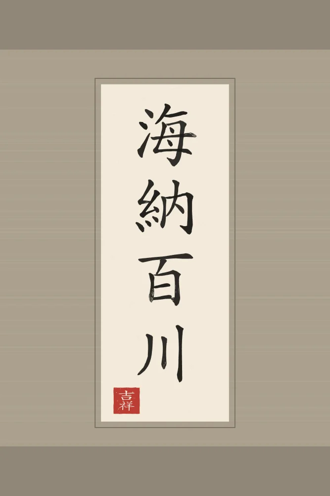 La mer accueille cent rivières en rouleau, papier xuan : 海納百川 (hǎi nà bǎi chuān), La mer accueille cent rivières