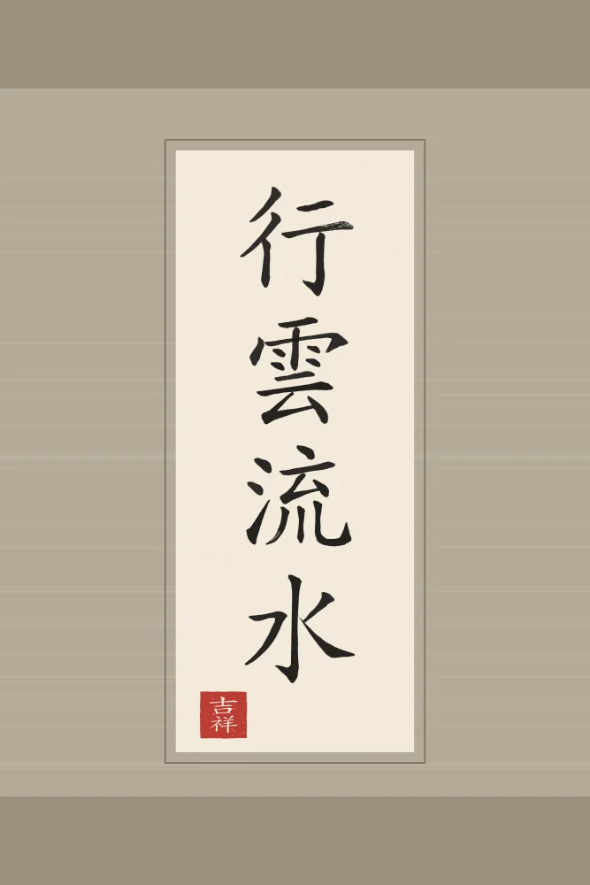 Nuages et eau qui coule en rouleau, papier xuan : 行雲流水 (xíng yún liú shuǐ), Nuages qui passent, eau qui coule : le naturel
