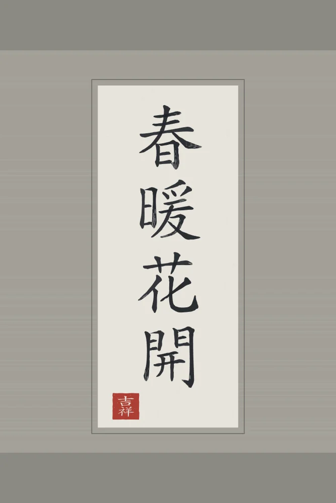 Printemps doux, fleurs écloses en rouleau, riz gris : 春暖花開 (chūn nuǎn huā kāi), Printemps doux, fleurs écloses