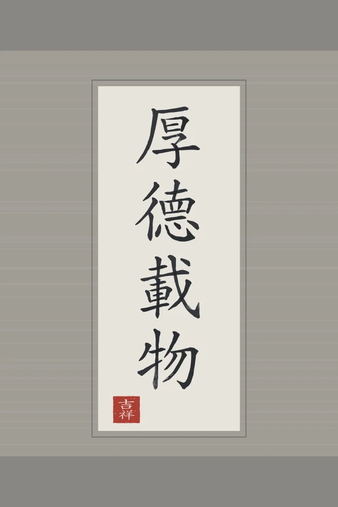 Une vertu profonde en rouleau, riz gris : 厚德載物 (hòu dé zài wù), Une vertu profonde porte toute chose