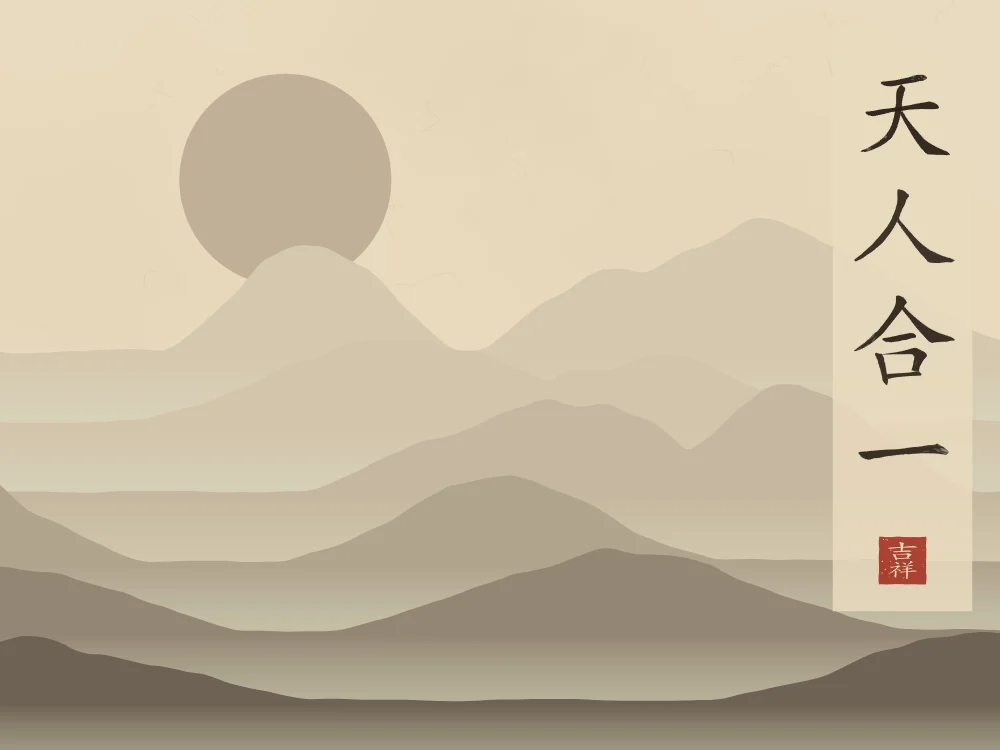 Unité du ciel et de l’homme sous la lune, sable ocre : 天人合一 (tiān rén hé yī), L’unité du ciel et de l’homme