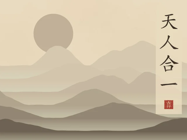 Unité du ciel et de l’homme sous la lune, sable ocre, tableau calligraphie chinoise unité du ciel et de l’homme