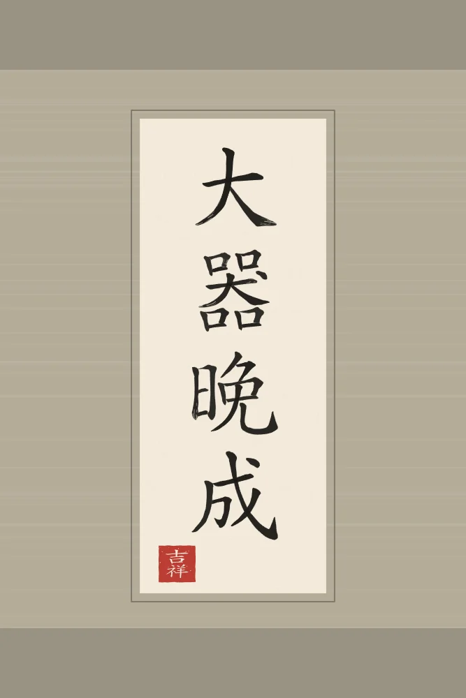 Les grands talents mûrissent tard en rouleau, papier xuan : 大器晚成 (dà qì wǎn chéng), Les grands talents mûrissent tard