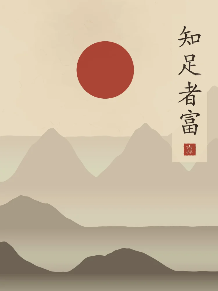 Qui sait se contenter est riche sous la lune, sable ocre : 知足者富 (zhī zú zhě fù), Qui sait se contenter est riche