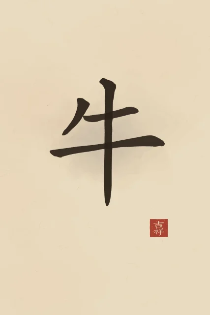 Signe du Buffle à l'encre, sable ocre, tableau signe chinois buffle