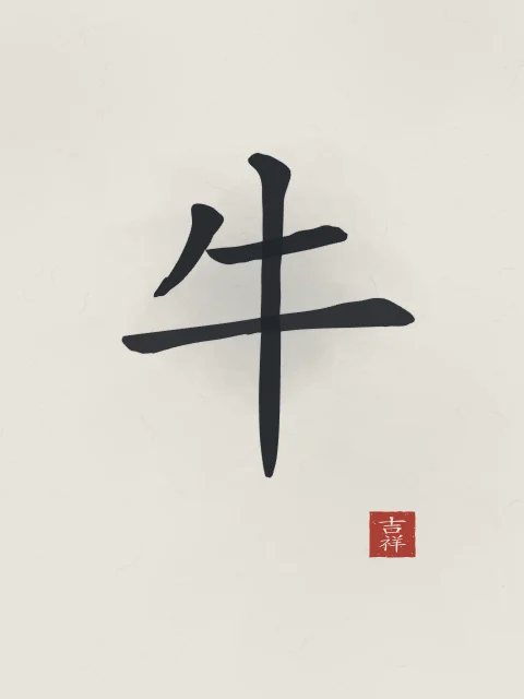 Signe du Buffle à l'encre, riz gris, tableau signe chinois buffle