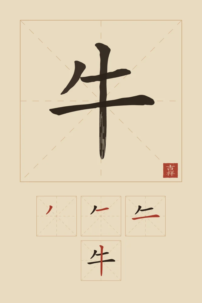 Signe du Buffle et son ordre des traits, sable ocre : 牛 (niú), Buffle
