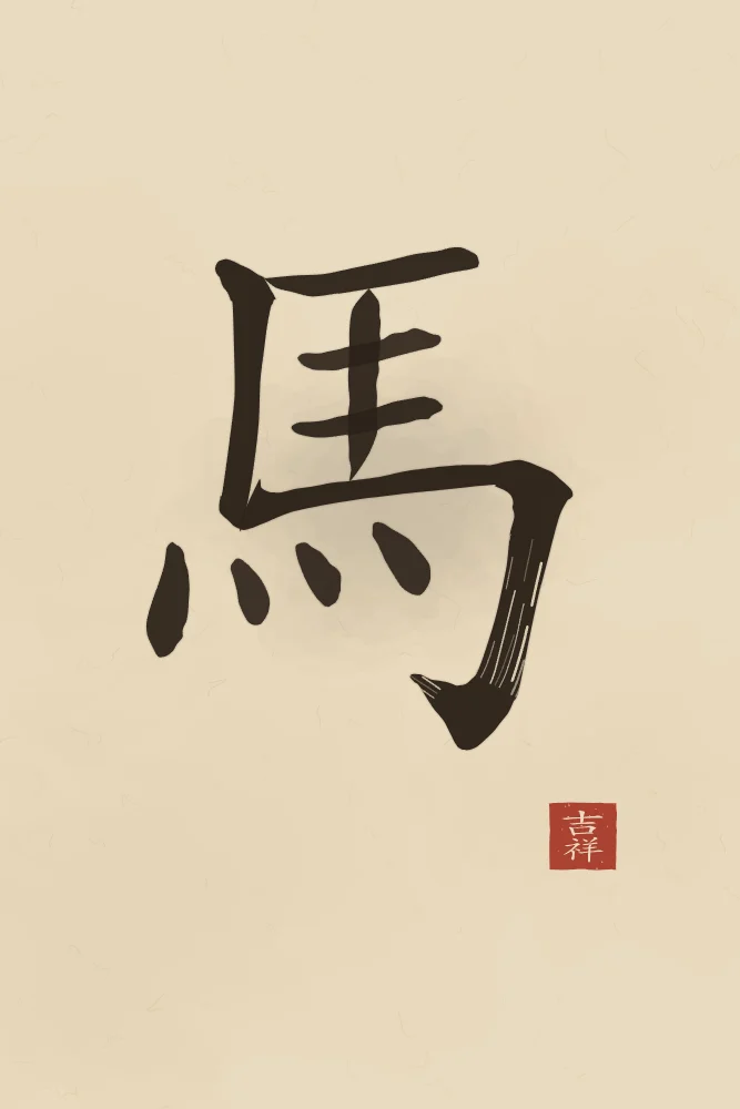 Signe du Cheval à l'encre, sable ocre : 馬 (mǎ), Cheval