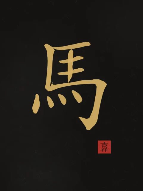 Signe du Cheval à l'encre, encre d’or, tableau signe chinois cheval