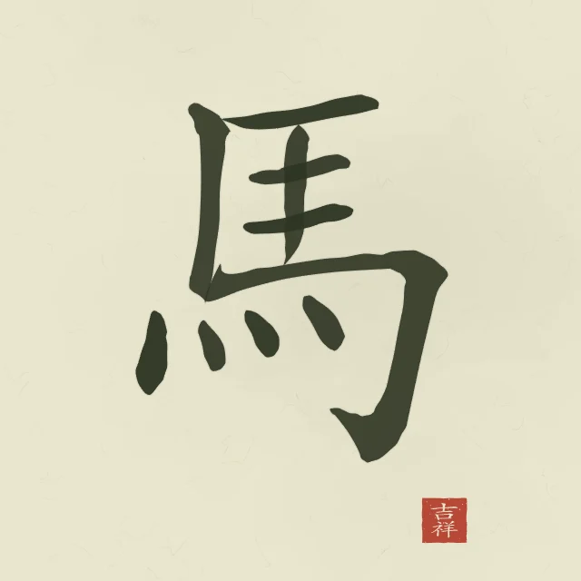 Signe du Cheval à l'encre, thé vert, tableau signe chinois cheval