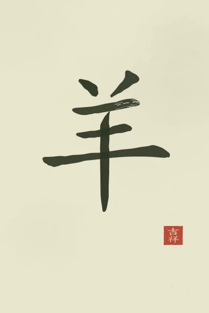 Signe de la Chèvre à l'encre, thé vert, tableau signe chinois chèvre