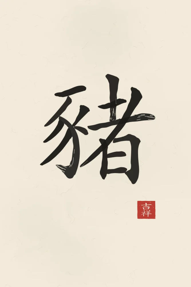 Signe du Cochon à l'encre, papier xuan : 豬 (zhū), Cochon