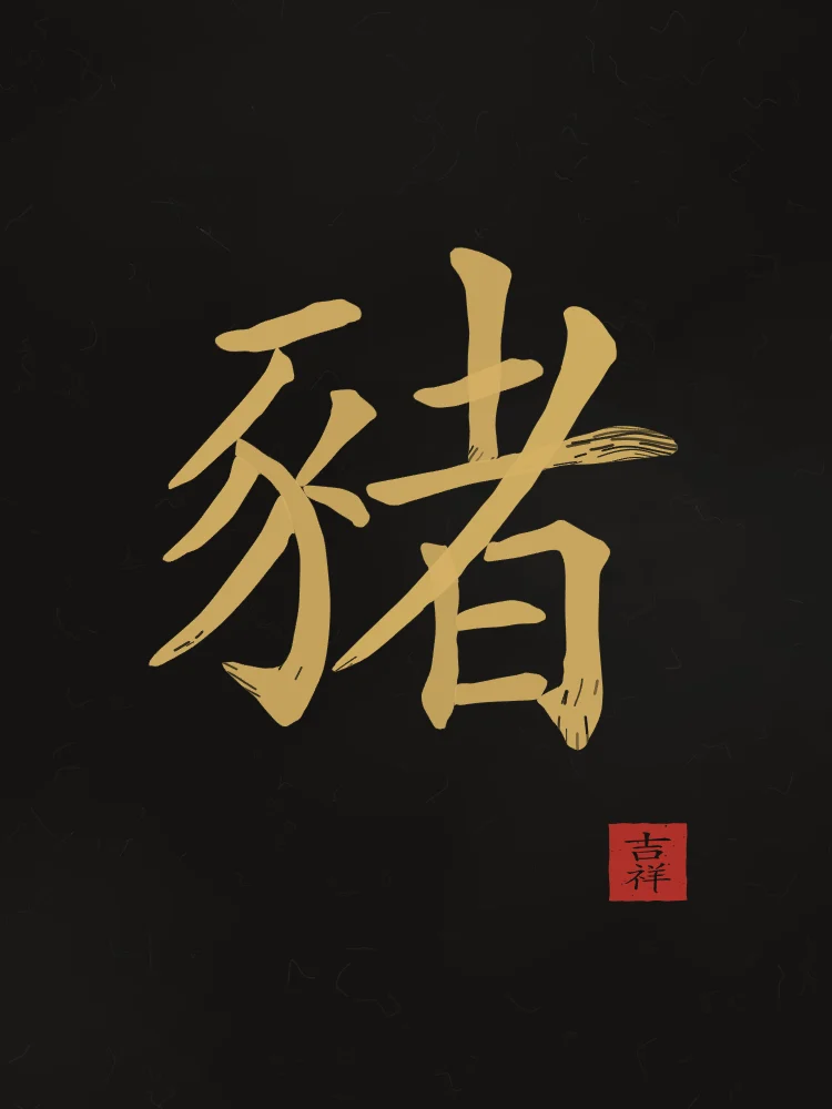 Signe du Cochon à l'encre, encre d’or : 豬 (zhū), Cochon