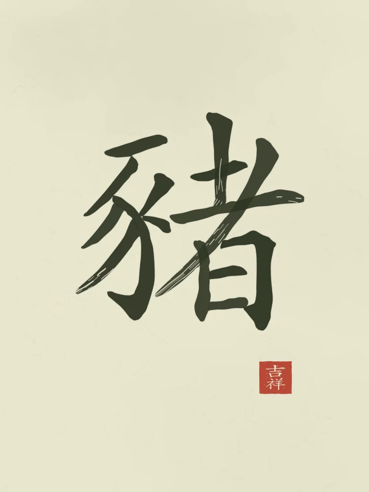 Signe du Cochon à l'encre, thé vert : 豬 (zhū), Cochon