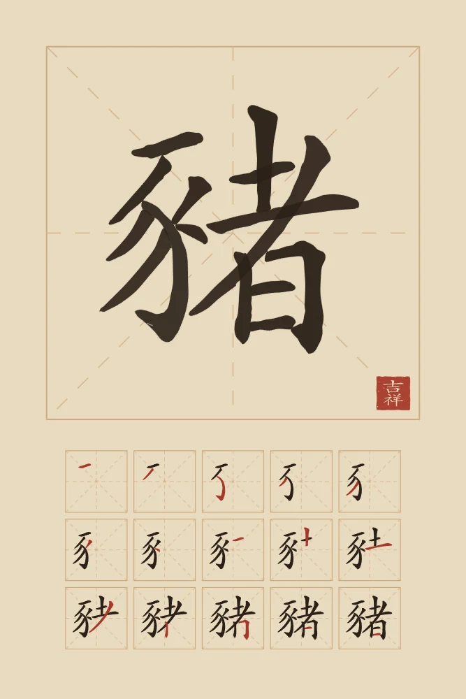 Signe du Cochon et son ordre des traits, sable ocre : 豬 (zhū), Cochon