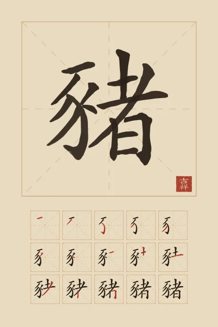 Signe du Cochon et son ordre des traits, sable ocre, tableau signe chinois cochon