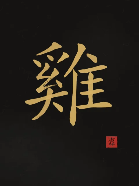 Signe du Coq à l'encre, encre d’or, tableau signe chinois coq