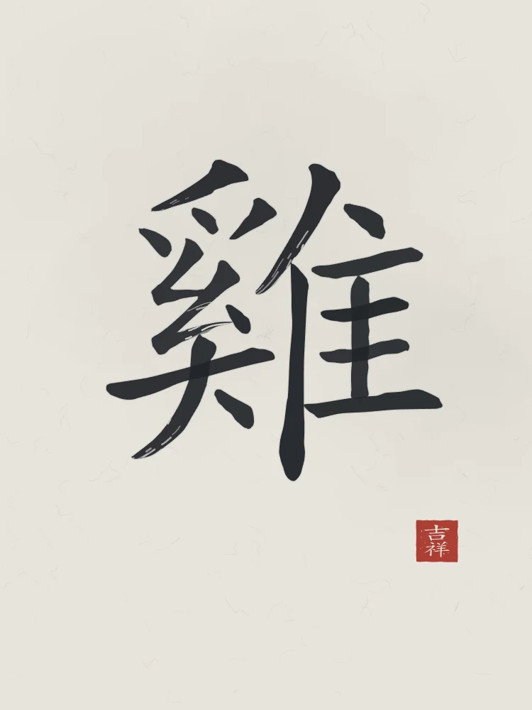 Signe du Coq à l'encre, riz gris : 雞 (jī), Coq