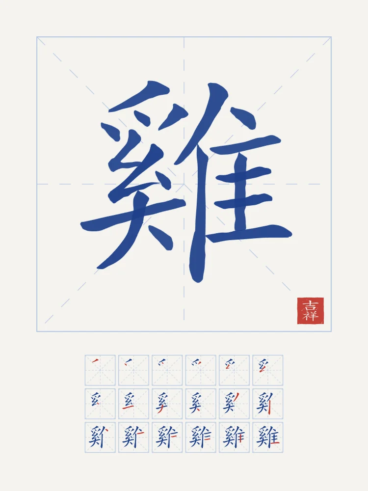Signe du Coq et son ordre des traits, porcelaine bleue : 雞 (jī), Coq