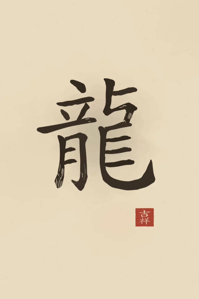 Signe du Dragon à l'encre, sable ocre : 龍 (lóng), Dragon